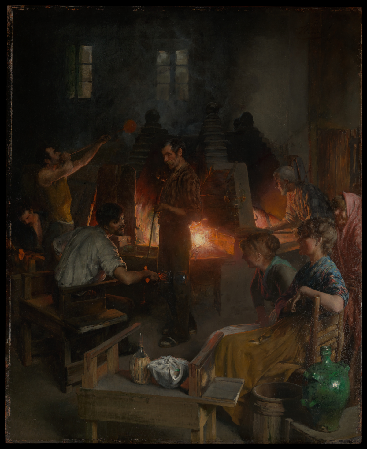 Painting of group of Glassmakers in Murano glass shop around large fire place