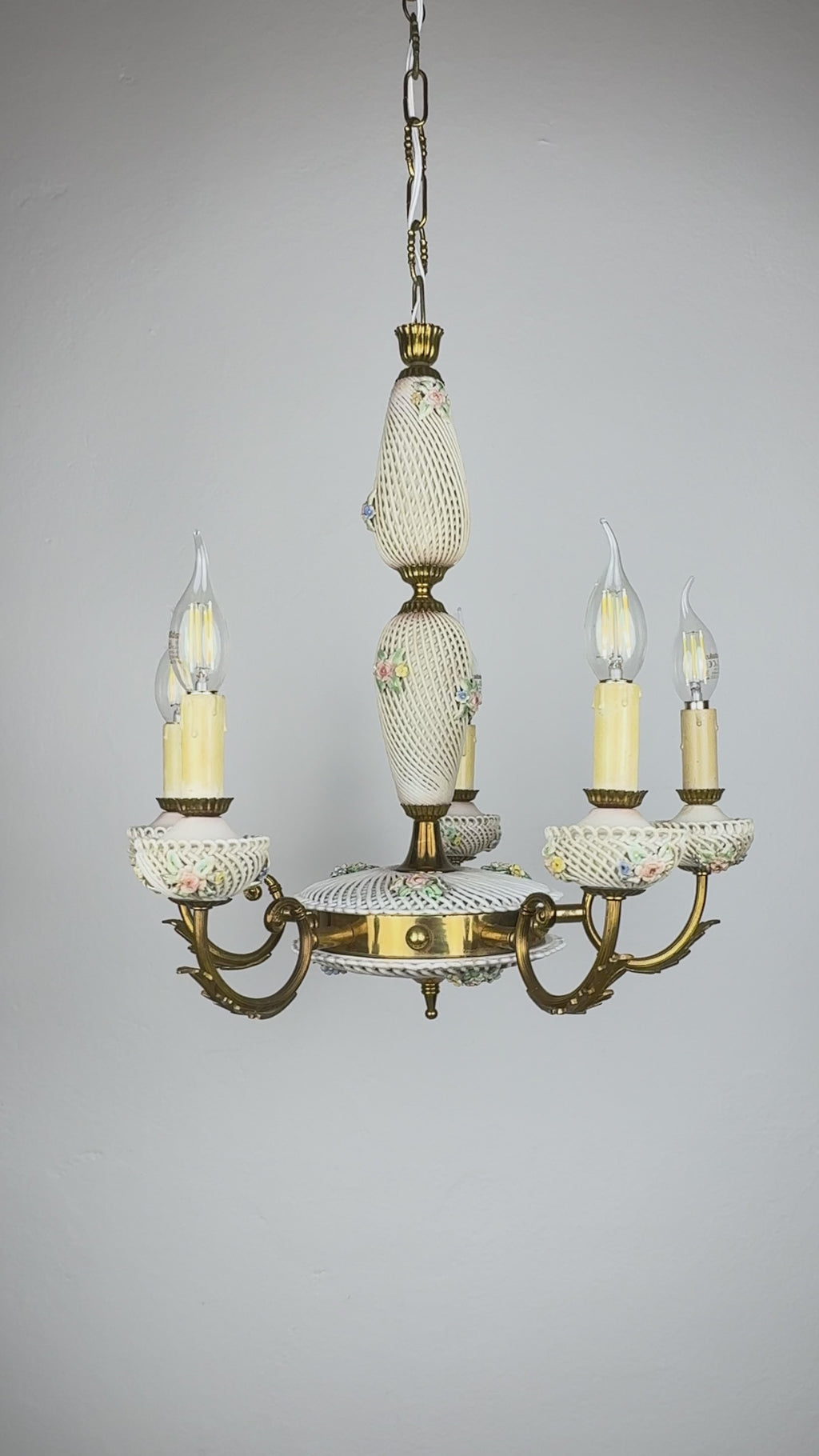 Vintage Art Nouveau Capodimonte Chandelier: Floral Porcelain Lamp, 1930s