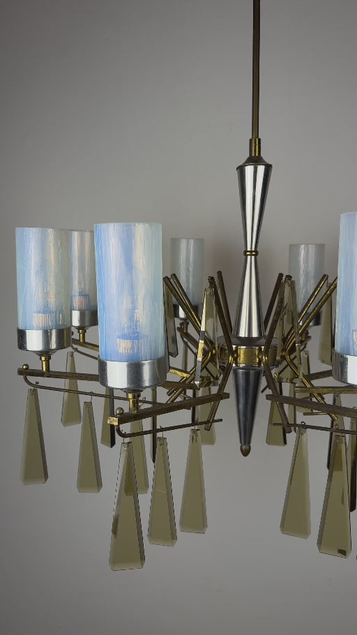 Large Sculptural Italian Mid-Century Chandelier in Brass and Glass, Italy 1950s